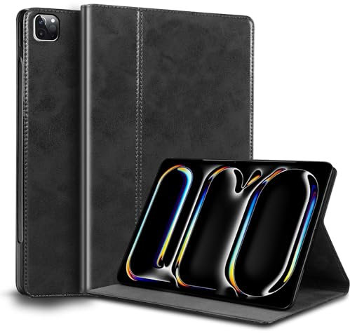 Gexmil Lerder Hülle für iPad Pro 11 2024 Zoll M4 2024 mit Einstellbarer Ständer,Protective Stoßfest Echt Leder Smart Folio Cover Automatischer Schlaf/Aufwachen rutschfest, Schwarz