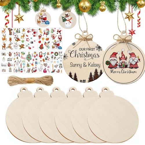 HahaGo Weihnachts-Holzornamente zum Basteln, 100 Stück Holzscheiben und 10 Aufkleber, unlackierte Kreise, Scheiben, DIY-Weihnachtsbaumschmuck, vorgebohrte Scheiben für Feiertage, hängende Malerei