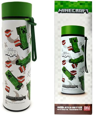 Puckator Botella térmica de acero con termómetro LED – Creeper & TNT – Botella Minecraft 450 ml – Diseño de doble pared