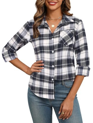 Zeagoo Damen Kariertes Bluse Langarm V-Ausschnitt Hemd Elegant Trachtenbluse Oktoberfest Bluse Tunika Tops Casual Button-down Blusen Dunkelblau XXL