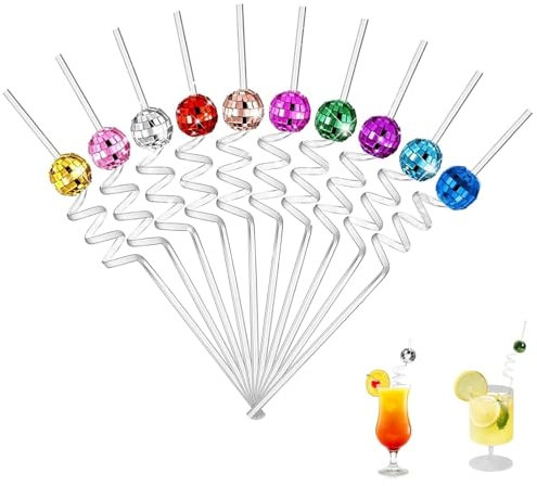 10 Stück Plastik Strohhalme, Cocktail Deko, Discokugel Deko, Cocktail Strohhalme Plastik, Disco-Spiegelkugel-Strohhalme, Bunte Cocktail-Strohhalme Aus Kunststoff, Curling-Strohhalme