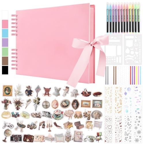 DazSpirit Album Photo Scrapbook, 80 Pages Livre Album Photo Rigide DIY Scrapbooking, Avec 12 Marqueurs et 7 Autocollants, Cadeau pour Anniversaire, Mariage, Voyage, Amis, Bébé, Rose