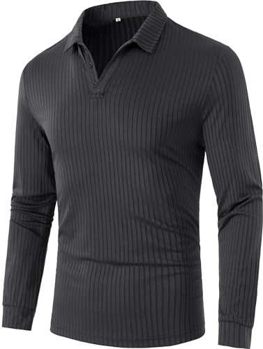GLESTORE Poloshirt Herren Langarm Poloshirts für Männer Gestreiftes V-Ausschnitt Polohemd Dunkel Grau XL