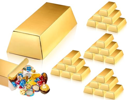 Lhbwhiz 24 Stück Goldbarren Süßigkeiten Boxen,goldtaler Schachtel,Schatzziegel Goldfolie Papierboxen,Partyschatz Schokolade Kasten,Geburtstagsdekoration,für Hochzeit Pirate Partyzubehör(14.5*5*3 cm)