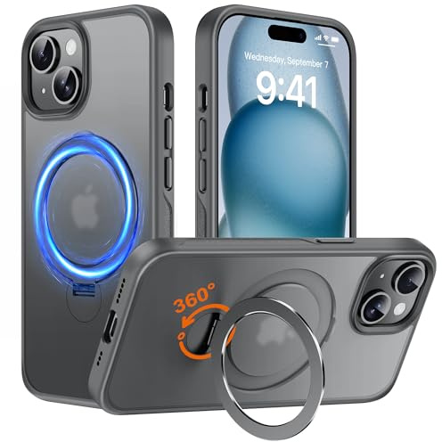 Derwav Multi-in-1 [Magnetic+ Kickstand+ Ring Holder] for iPhone 15 Case Compatible with MagSafe, 360° Rotatable Stand with Military Shockproof Silicone Frame Magnet Bumper Cover for 15, 6.1'', Grey