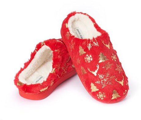 JOMIX Warme Filz Slippers Damen Hausschuhe Winter Plüsch Pantoffeln Lammfell Gefüttert Fußbett Rutschfeste Schuhe für Weihnachten (Weihnachtsrot, 37 EU, MD9605)