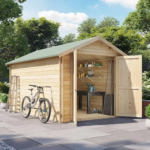 BillyOh 12x8 Apex Log Cabin Wooden Garden Shed, 28mm Log Thickness Garden Storage Shed with Floor 11mm, Roof & Felt, Wide Double Doors, Durable European Timber, Versatile Wood Outdoor Storage Building
