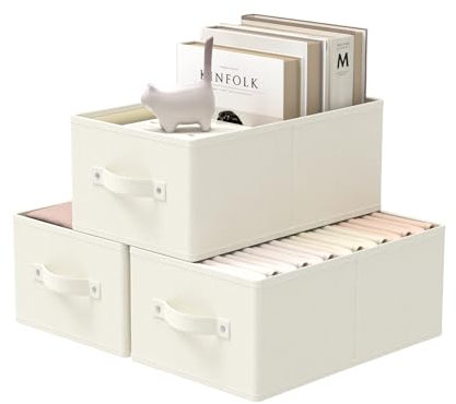 GUOHNHE Storage Bins, 3 Pack Foldable Cloth Basket, Cube Organizer with 2 Handles, Suitable for bedrooms, living rooms, wardrobes, and workspaces, Beige, 33 x 23 x 14 cm, XSNY11BES-3