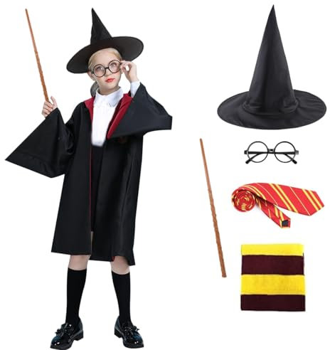 LGZIN Zauberer Cosplay Kostüm, 6Pcs Magier Robe Kostüm Jungen Mädchen, Zauberer Outfit Set mit Umhang, Hut, Zauberstab, Krawatte, Schal und Brille, Wizard Costume Kinder für Karneval Halloween(155)