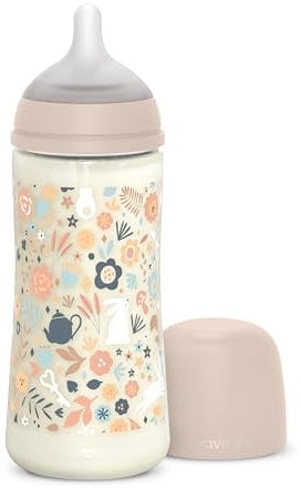 Suavinex, Biberón de 360 ml, con Tetina Fisiológica SX Pro de Silicona, con válvula Anticólico. Biberón con Tetina de Flujo Denso (L). Para Bebés +6 Meses. Wonderland, Flores, Rosa