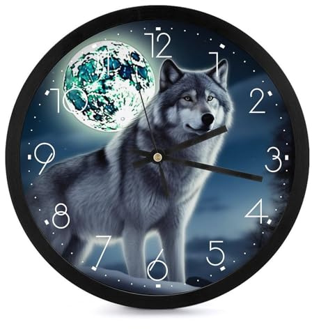 TKJMCSW Wolf Under Moon Wanduhr, moderne runde Wanduhren, dekorative Wanduhr, Büro, stille Uhr, Schlafzimmeruhr, Küchenuhr, 25,4 cm, Heimuhr, Relojes Depared für Wohnzimmer
