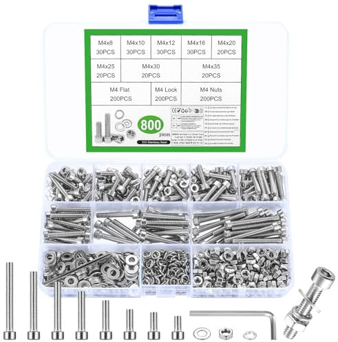 800 Pièces Set de Vis M4, Boulons Vis et écrous, Vis Boulons et écrous, Vis à Tête Cylindrique à Six Pans Creux en Acier Inoxydable, Vis Boulon et écrous et Rondelles Kit pour Réparation Bricolage