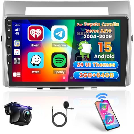 Hikity Android Autoradio 2+64G Navi Für Toyota Corolla Verso AR10 2004-2009 mit Wireless Carplay Android Auto, 9 Zoll Touchscreen Radio mit Mirror Link WiFi GPS Bluetooth FM RDS EQ SWC Rückfahrkamera
