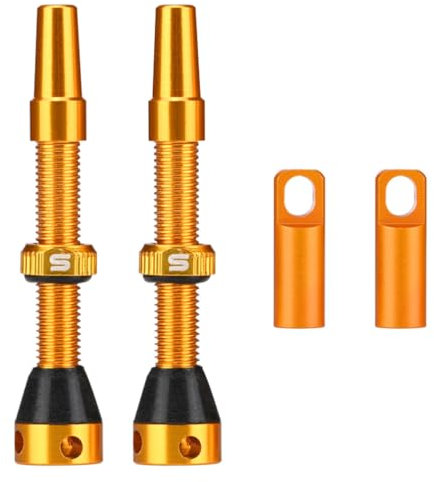 CYSKY 2 Stück Presta Tubeless-Ventile 40mm 44mm mit Ventileinsatz-Entferner und Ventilschaftkappen, passend für die meisten Tubeless-Felgen für Fahrräder Paar (Gold, 44mm)