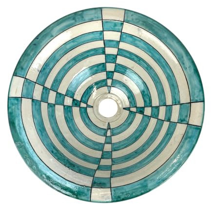 Fes - Lavabo marroquí de cerámica pintado a mano, diseño circular turquesa y blanco, 35 x 15 cm