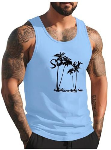 Générique Debardeur Homme Tee Shirt sans Manche Homme Été Col Rond Débardeurs Sport Gainant Imprimé Plantes Palmiers Plage Gilet Gym Respirant Musculation Fitness Décontracté Tank Top Casual