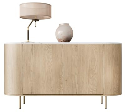 Mirjan24 Kommode Lygrint 140 2D mit 2 Türen, innen 2 Fächer, Griffloses Öffnungssystem, Mehrzweckschrank, Sideboard, Anrichte, Highboard (Eiche Cremona/Marmor Weiß + Gold)