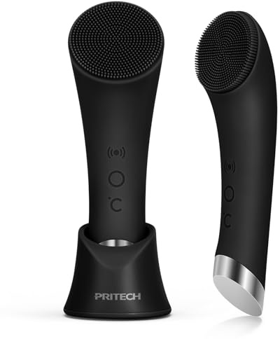 PRITECH Facial Cleansing Brush, Rechargeable Silicone Face Scrubber with Heat Massage End, Vibrating Exfoliator Scrubber for Deep Cleaning, Waterproof Face Brush for Women and Men (Black)