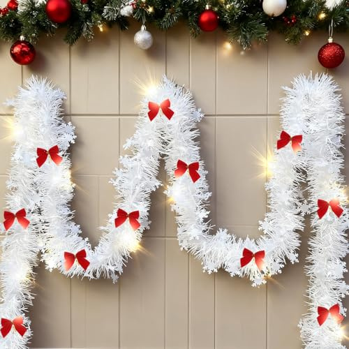 5m Weihnachtsgirlande mit Beleuchtung und Timer, Girlande Weihnachten, Weihnachtsbeleuchtung Treppengeländer Tannengirlande Treppe Kamin, Beleuchtete Weihnachtsdeko Weiß Schneeflocken