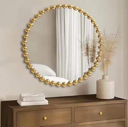 DEENZ Luxurious Round Wall Mounted Bold Space Mirror Circular Golden Beaded Plastic Body Frame Contemporary Design Elegant Home Decoration Modern Idea Impressive Focal Point Easy Hanging 60 Cm Dia.