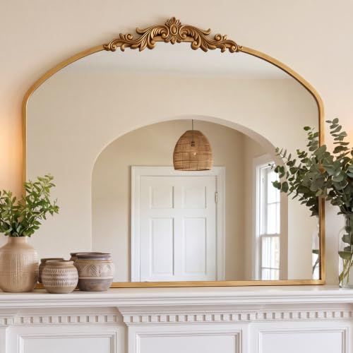 PERFNIQUE Gold Vintage Spiegel, 91 x 76 cm gewölbter antiker Barockspiegel für Wand, Messing Traditionelle kunstvolle Wanddekoration für Badezimmer Wohnzimmer Kamin Eingang Flur (91 x 76 cm)