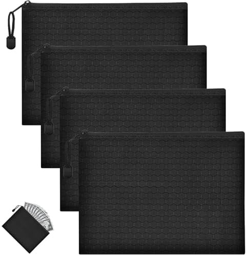4 Stück Geldtasche, Geldtaschen Banktasche mit Reißverschluss | 24 x 18 cm Geldmappe Schwarz, Wasserdichte Oxford Geld Tasche Dokumententasche A5 für Haushalt, Business, Schule