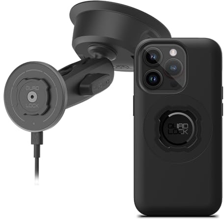 Quad Lock Soporte de teléfono de coche con ventosa resistente con funda para teléfono MAG y cabezal de carga inalámbrico MAG para iPhone 14 Pro