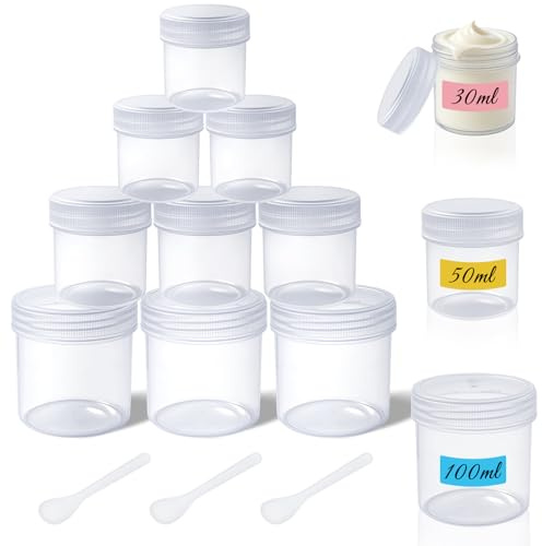 HavaCue 12Ps Pot Vide Cosmétiques 100/50/30ml,Pot Plastique avec Couvercle | Transparent Pots Voyage Cosmetique avec 3 Spatule et Étiquette, pour Crèmes Cosmétiques Bonbons Petits Bibelots