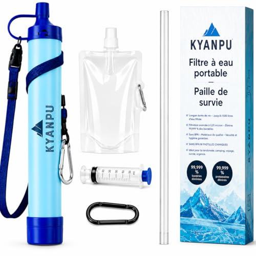 KYANPU Paille Filtrante de Survie 0,01 Micron | Filtre à Eau Portable · Purificateur Eau Non Potable | Élimine 99,999% Bactéries & Microplastiques | Kit Complet 1500 L | Randonnée Camping Bushcraft