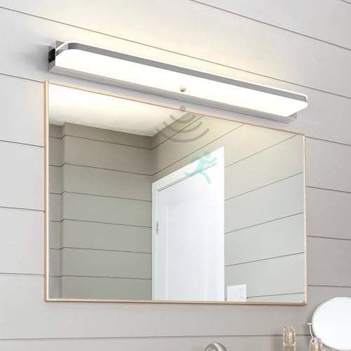 LED Spiegelleuchte Bad Wandleuchten mit Bewegungsmelder Modern Wandbeleuchtung Wasserdicht Wandlampe Bildbeleuchtung für Badzimmer Badschrank Wohnzimmer Schminktisch (Silbernes Neutrales Licht,42cm)