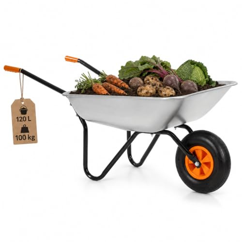 Springos Carriola da 120 l, con pneumatici ad aria e vassoio in acciaio zincato, portata fino a 100 kg, per giardino, cantiere, cortile, officina, colore argento e arancione