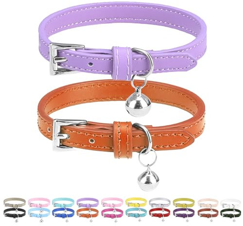 PUPTECK 2 Stück Katzenhalsband mit Glocke aus weichem Leder, verstellbar für Katzen, Kitten & Welpen. Ideal als Kittenhalsband oder Welpenhalsband, Orange&Lila