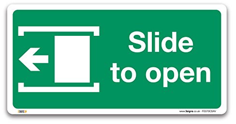 Slide to open left Fire exit Sign, Self-adhesive Vinyl Sticker 200x100mm, British Standard Fire Safety Door Signs