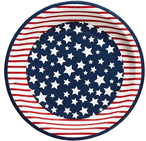 X&O Paper Goods Red, White, and Blue American Flag Disposable Paper Dinner Plates, 8pc, 10.5 D