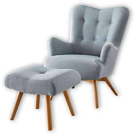 Stella Trading ARNDT Sessel mit Hocker und geknöpfter Polsterung, Aqua - Wohnzimmer Fernsehsessel mit Massivholz Füßen & Microvelours Bezug - 77 x 101 x 100 cm (B/H/T)