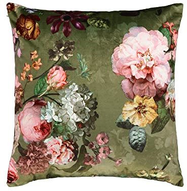 ESSENZA Dekokissen Fleur Moss, 50x50 cm - 100% Polyester Samt - Blumen Pfingstrosen Tulpen