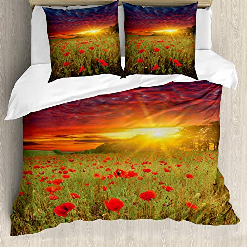 ABAKUHAUS Blume Bettbezug Set, Wiese Poppies Himmel, Milbensicher Allergiker geeignet mit Kissenbezügen, 200 cm x 200 cm - 80 x 80 cm, Grüner Scarlet Kadett-Blau