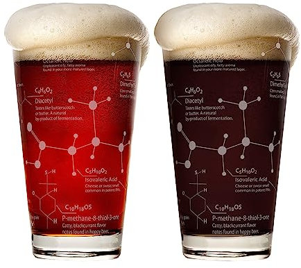 Greenline Goods Beer Glasses - 16 oz Pint Glass (Set of 2) Science of Beer Glassware - Etched with Beer & Hops Chemistry Molecules