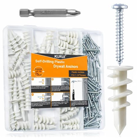 KURUI 140Pcs #8 Self Drilling Drywall Anchors with Screws Kit, Heavy Duty Dry Wall Anchors for Hanging Sheetrock, 50 Self-Tapping Plastic Drywall Hangers 50 Sheet Rock Screws, Mounting Hardware -75LB