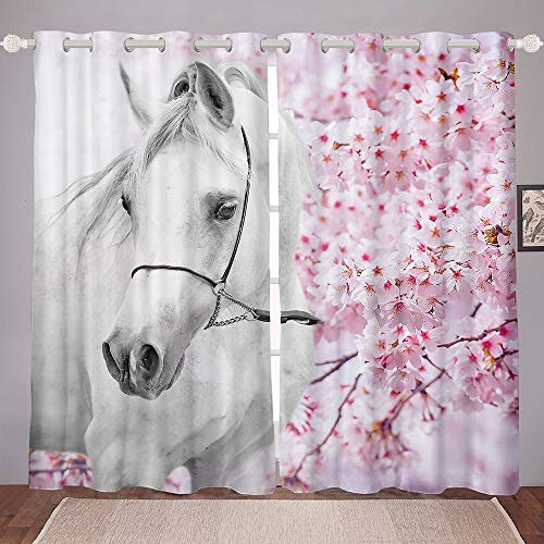Prinz Rose Vorhänge 137x117cm Blume Weißes Pferd Gardinen Verdunkelungsvorhang Blickdicht Tier-Thema Eleganter Vorhang mit Ösen für Schlafzimmer 2er-Set Fenster Vorhänge