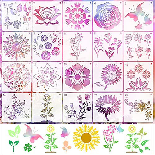 VETPW 20 Stück Blumen Stencil Schablonen Zeichnen, Kunststoff Wiederzuverwendend Zeichenschablonen Vorlagen Sonnenblumen Schablonen für Fußböden, Holz, Fenster, Möbel, Wanddeko, 15x15CM