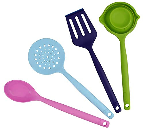 Tasty 4 Piece Kitchen Spoon Set, Colourful Silicone Utensils, Including Slotted Spoon, Straining Spoon, Serving Spoon and Ladle, Kitchen Gadget Set, Colour: Dark Blue, Blue, Pink, Green