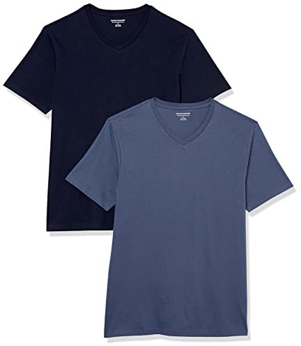 Amazon Essentials Camisetas de Cuello en v de Manga Corta Hombre, Pack de 2, Azul Marino/Azul Oscuro, XS