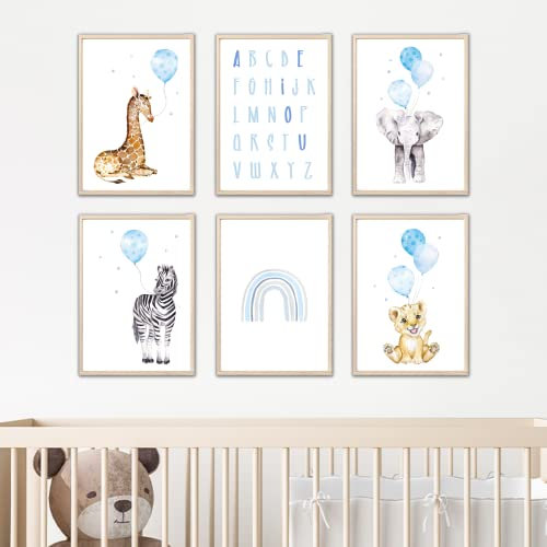 MeinBaby123® Poster Kinderzimmer | 6er Set DIN A4 Poster Set | Wandbilder | Tiere Luftballon | Deko Bilder Kinderzimmer | Babyzimmer Deko I Afrika (Tiere mit Luftballon blau)
