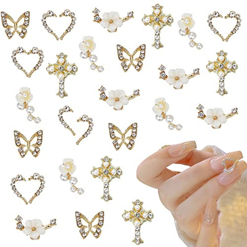 NICENEEDED 30pcs Nail Art Legierung Zirkon, Halbherz-Schmetterlings-Blumen-Nagel-Charme, 3D Luxus Metall Gold Nagel Strass Schmuck Für Nagelzubehör Maniküre Design DIY (6 Stile)