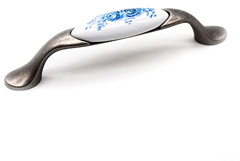 DOJA Barcelone | Poignee de Meuble Vintage | 2 Poignée Meuble Vintage Motif Rose Bleue | 125*33*19mm | Zinc-Aluminium, Porcelaine | Poignée pour Poignee de Meuble Cuisine, Poignée de Porte, Tiroir