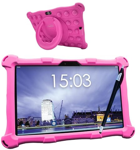 AngelTech Tablette Enfants XL - 10 Pouces - 3+4Go RAM - 32+64Go ROM - Android 13 - Beaucoup de Plaisir - Tablette Éducative - Apprendre en Jouant - Stylo Inclus - Contrôle Parental (Rose)