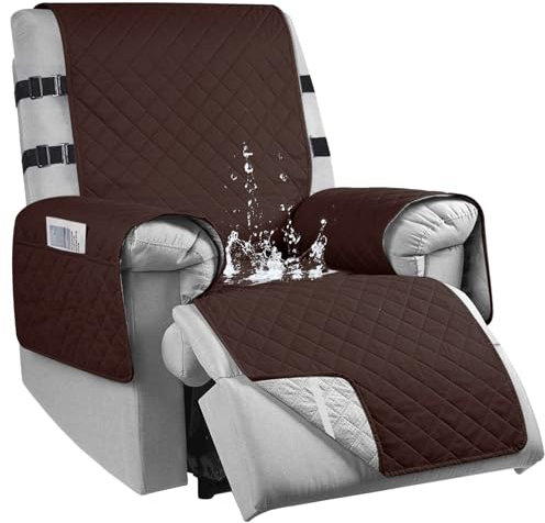 Housse de fauteuil pour fauteuil TV 100 % étanche avec 3 poches - Antidérapante - Avec 2 sangles réglables - Lavable en machine - Marron foncé - Taille S