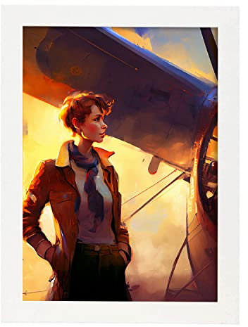 Nacnic Amelia Earhart in voller Farbe Fotostil. Cartoon-Illustrationen berühmter Erfinder und Schöpfer. Innenarchitektur und Dekoration. A4 mit weißen Rahmen.