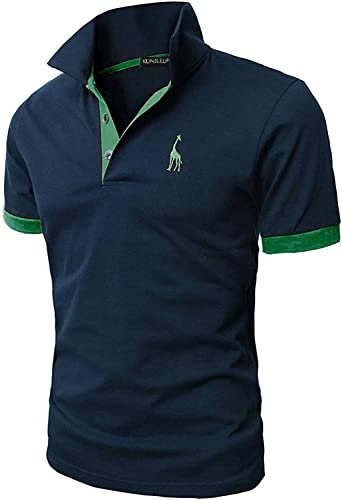 KUNJLELP Poloshirt Herren Kurzarm Männer Polohemd Giraffe Stickerei T-Shirt Sommer,L,Blau-04